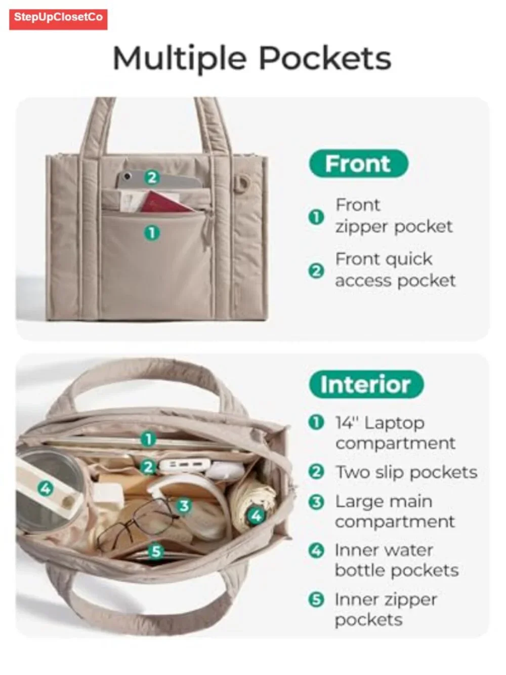 Quilted Tote Bag for Women, 20L Large Work Bag with Laptop Compartment,